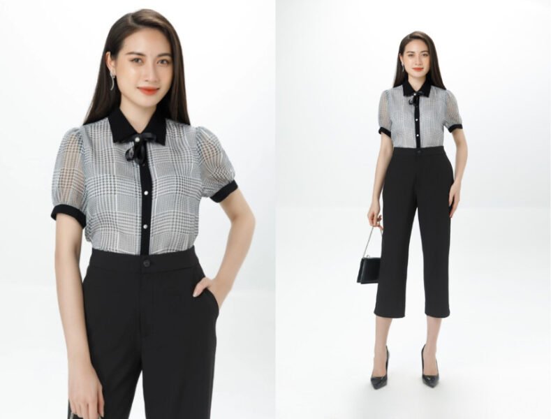 Áo sơ mi đính nơ ngọc trai màu đen phù hợp với người tuổi Mão mệnh Mộc