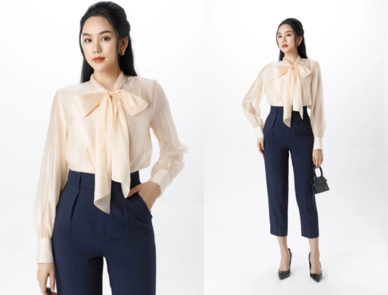 Áo sơ mi nơ bản to màu ghi thích hợp dành cho các cô nàng tuổi Mão mệnh Thủy