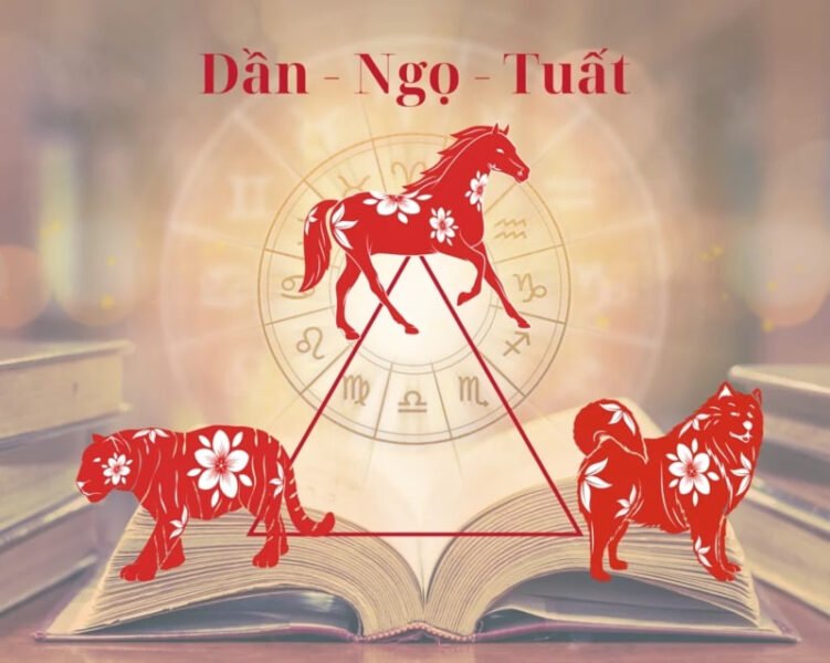 Biểu đồ minh họa mối quan hệ tam hợp Dần, Ngọ, Tuất, giải thích tuổi hợp cho người sinh năm 1946 Bính Tuất trong làm ăn và hôn nhân.