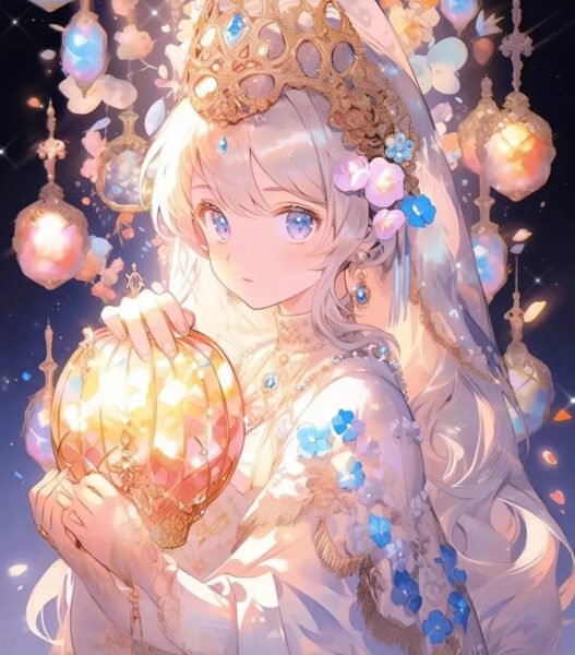 Hình anime cung Cự Giải dịu dàng, với mái tóc dài và đôi mắt mơ màng