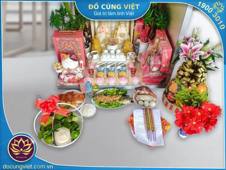 Tổng quan mâm lễ vật cúng Thần Tài được sắp xếp trang trọng