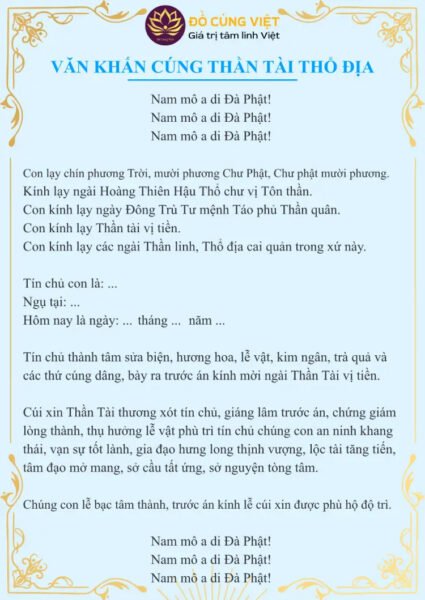 Bài văn khấn mẫu dùng để dâng lễ vật cúng Thần Tài và Thổ Địa