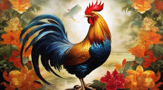 Hình ảnh con gà trống oai vệ, đại diện cho người nam 44 tuổi sinh năm Tân Dậu 1981