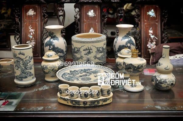 Bộ đồ thờ gốm sứ Bát Tràng men rạn vẽ lam cổ