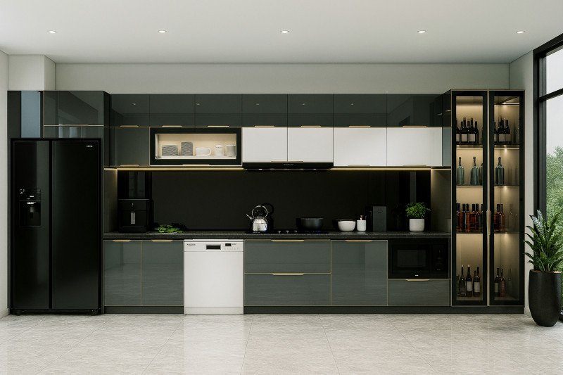 Tủ bếp inox cánh kính hiện đại do đơn vị thiết kế thi công tủ bếp tại Thanh Hóa