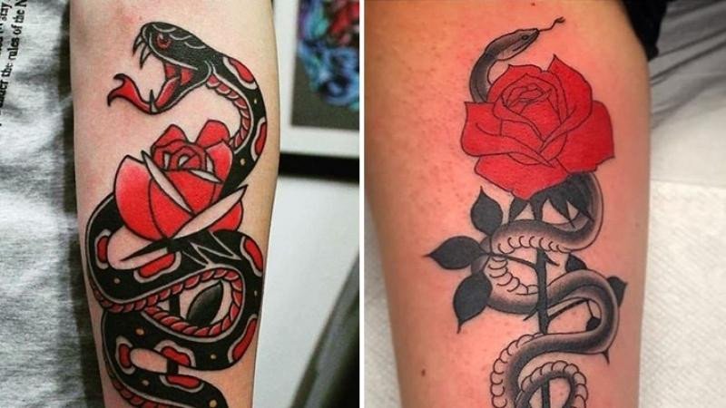 Hình xăm rắn và hoa hồng thể hiện đam mê