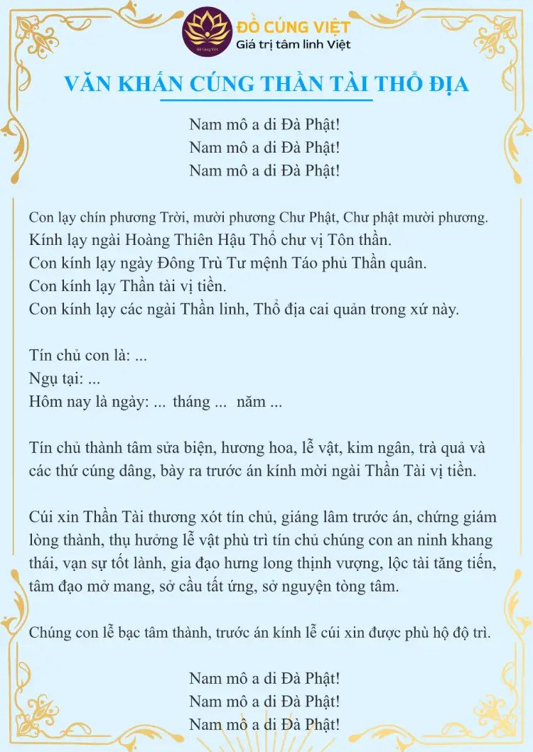 Bài văn khấn Thần Tài Thổ Địa chuẩn xác trong nghi lễ cúng vía.