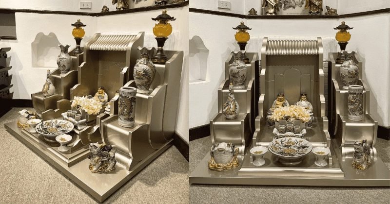 Hình ảnh bàn thờ Thần Tài Thổ Địa được bố trí trang trọng, sạch sẽ, chuẩn bị cho nghi lễ thờ cúng linh nghiệm