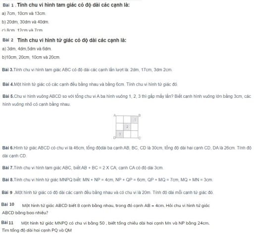 Các bài luyện tập củng cố kiến thức về chu vi của tứ giác.