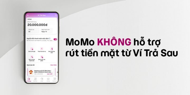 Giao diện Ví Trả Sau MoMo hiển thị hạn mức tín dụng và các tùy chọn thanh toán, minh họa việc không thể rút tiền trực tiếp về ngân hàng.