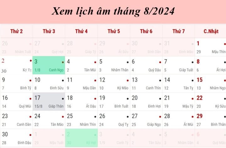 Bảng lịch âm tháng 8 năm 2024