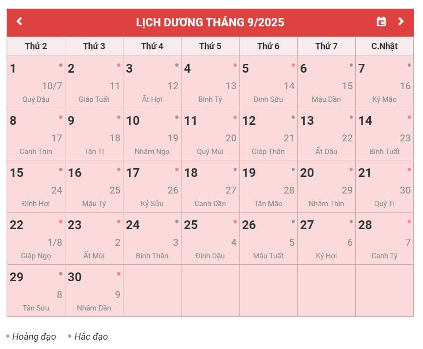 Lịch ngày tốt tháng 9 năm 2025 Ất Tỵ