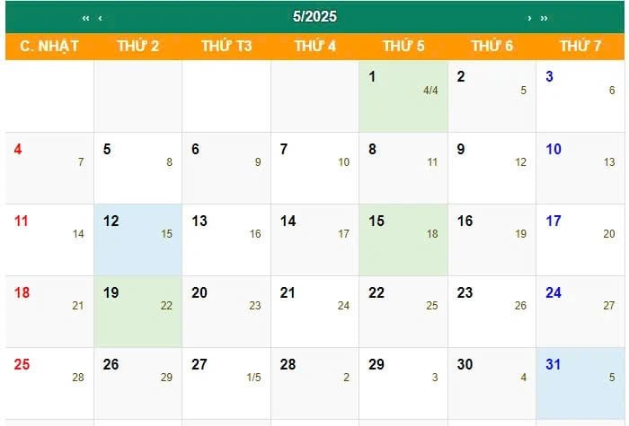 Lịch tháng 5 dương lịch ngày nào tốt và các ngày âm lịch tương ứng năm 2025