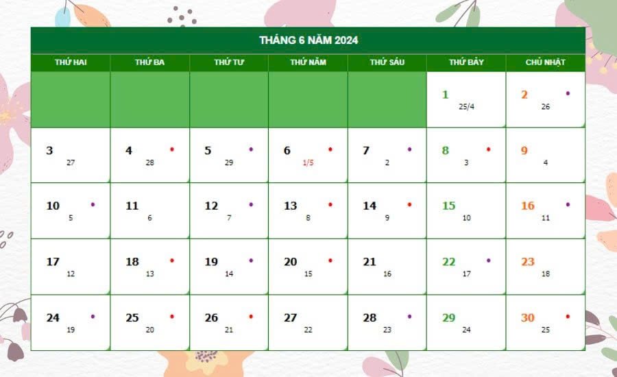 Lịch vạn niên những ngày tốt tháng 6 âm lịch
