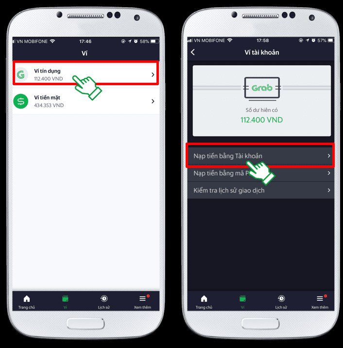 Thao tác chuyển tiền từ ví tiền Grab sang ví tín dụng hoạt động