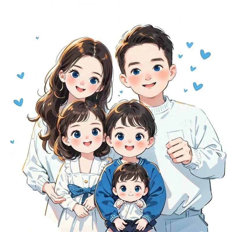 ảnh chibi bố mẹ và 3 con