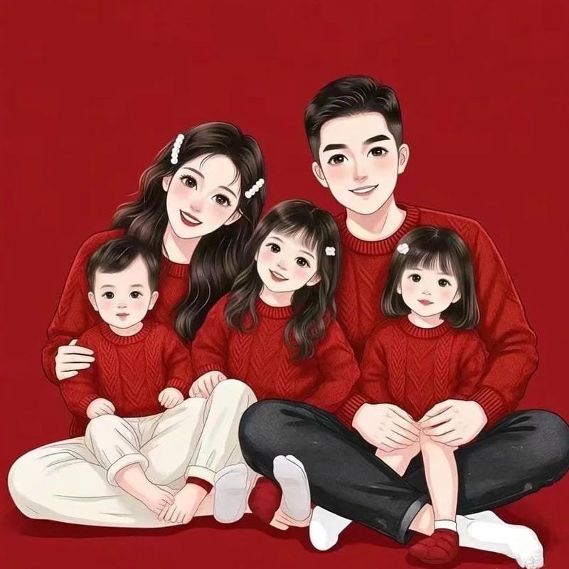 ảnh chibi gia đình cute chụp ảnh tết