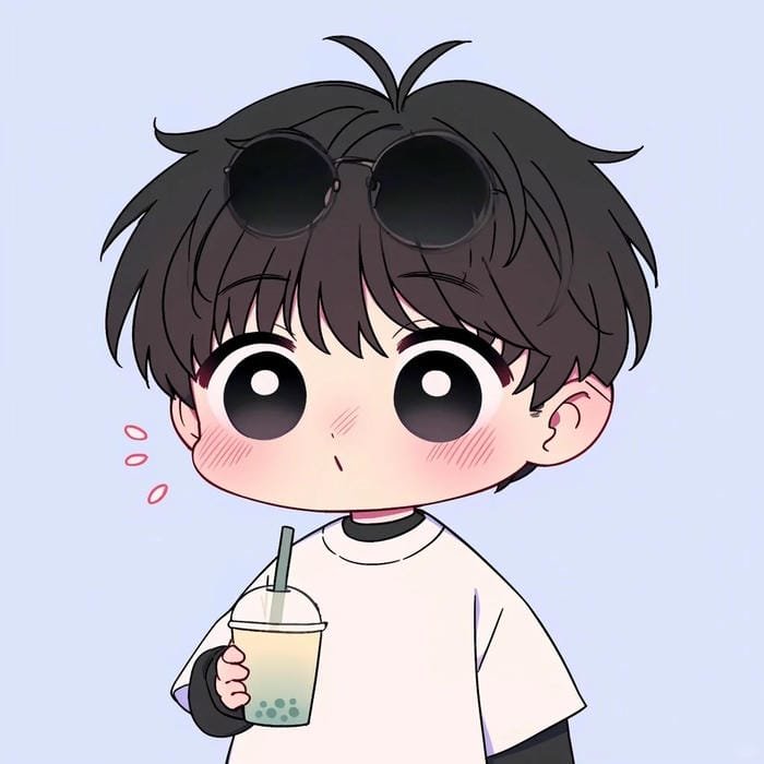 hình chibi bé trai tay cầm cốc trà sữa