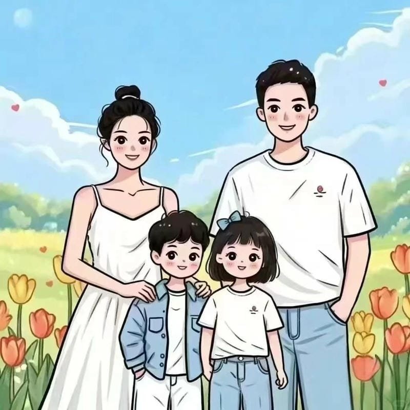 hình chibi ông bố bà mẹ và 2 con