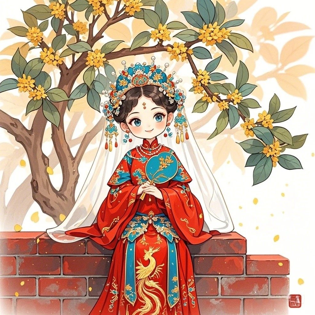 tranh cưới chibi cầm hoa