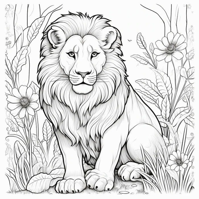 tranh tô màu sư tử và rừng xanh