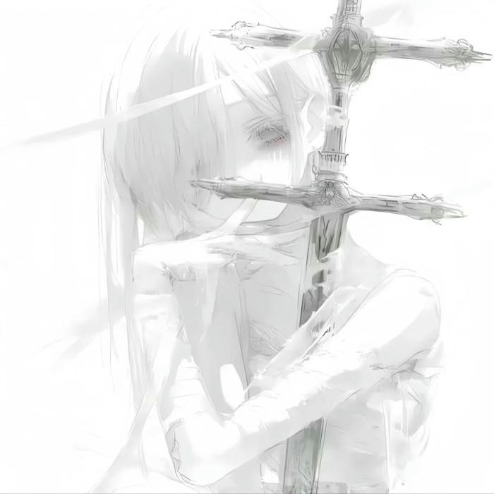 Ảnh nhân vật anime ôm thánh giá trắng tinh