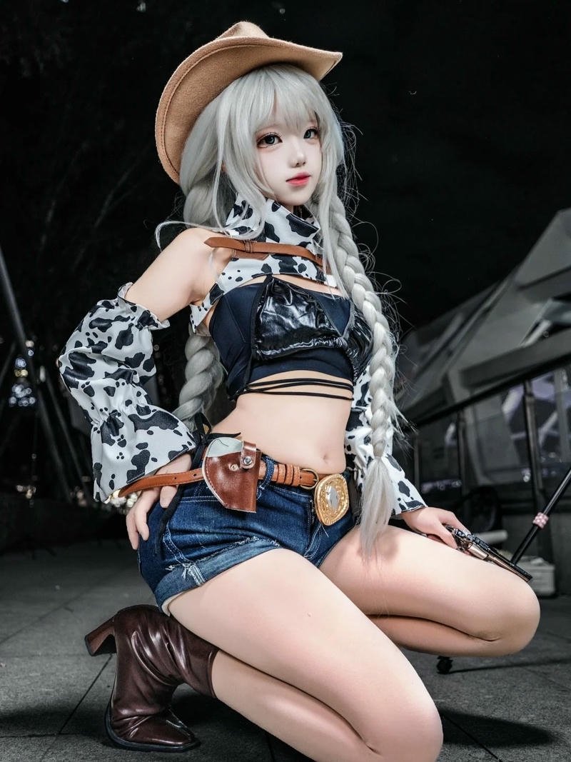 Cosplay bò sữa cao bồi đội mũ cầm súng lục