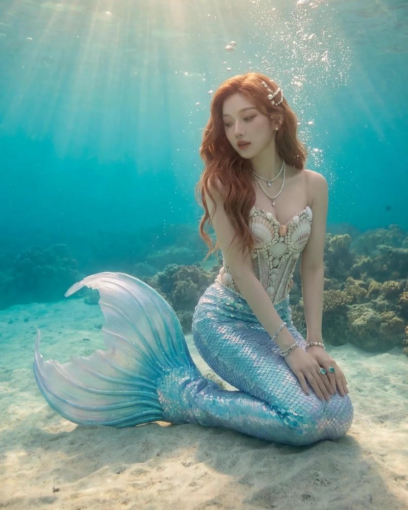Cosplay nàng tiên cá Ariel dưới đáy đại dương xanh