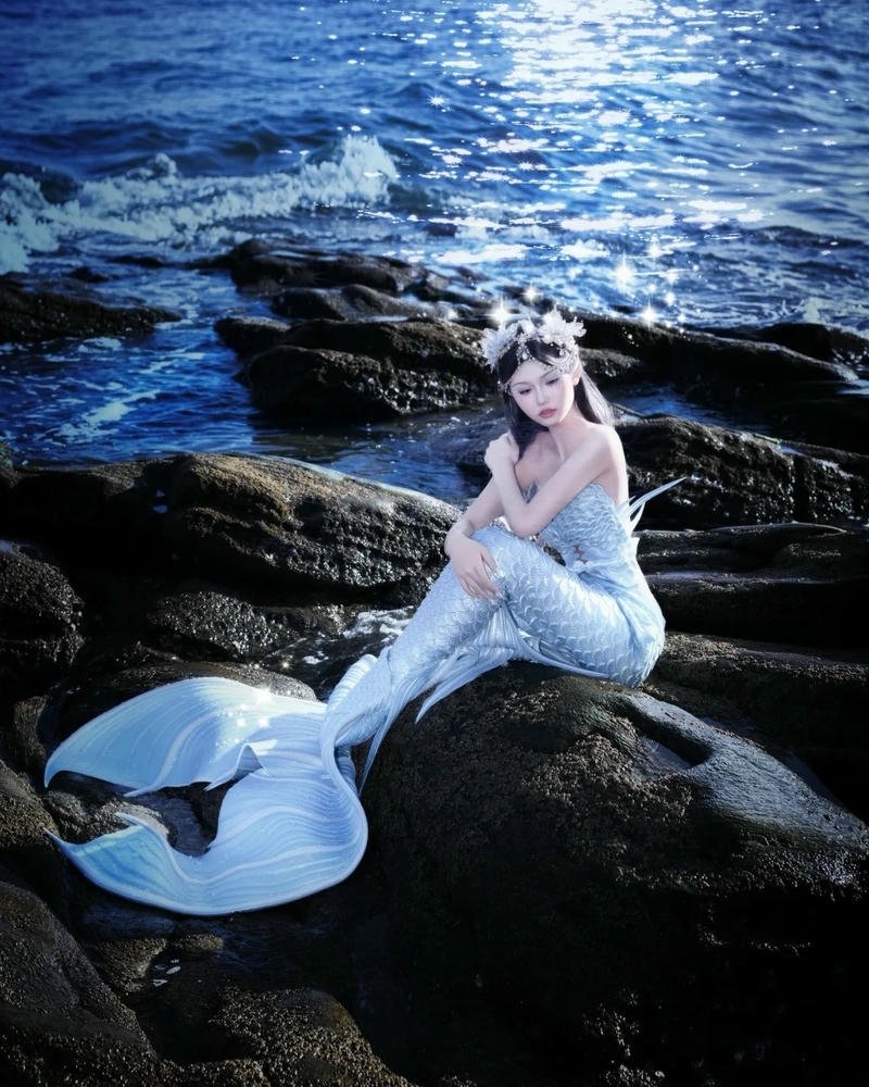 Cosplay nàng tiên cá đuôi trắng ngồi trên đá đen