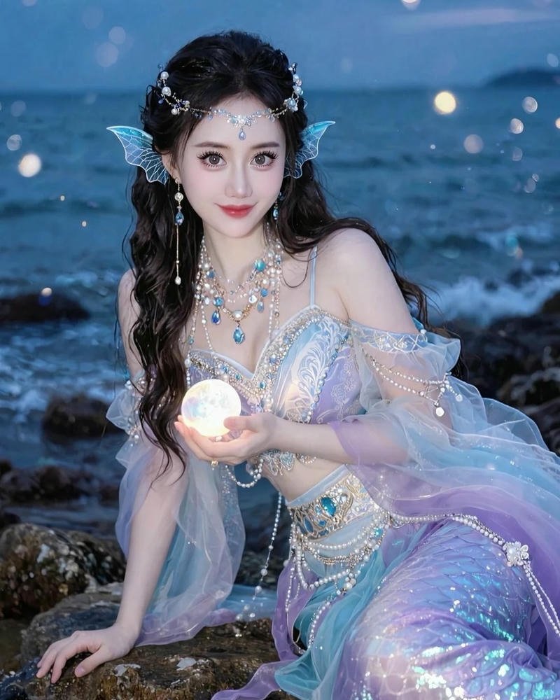 Cosplay nàng tiên cá quyến rũ trên bờ biển buổi tối