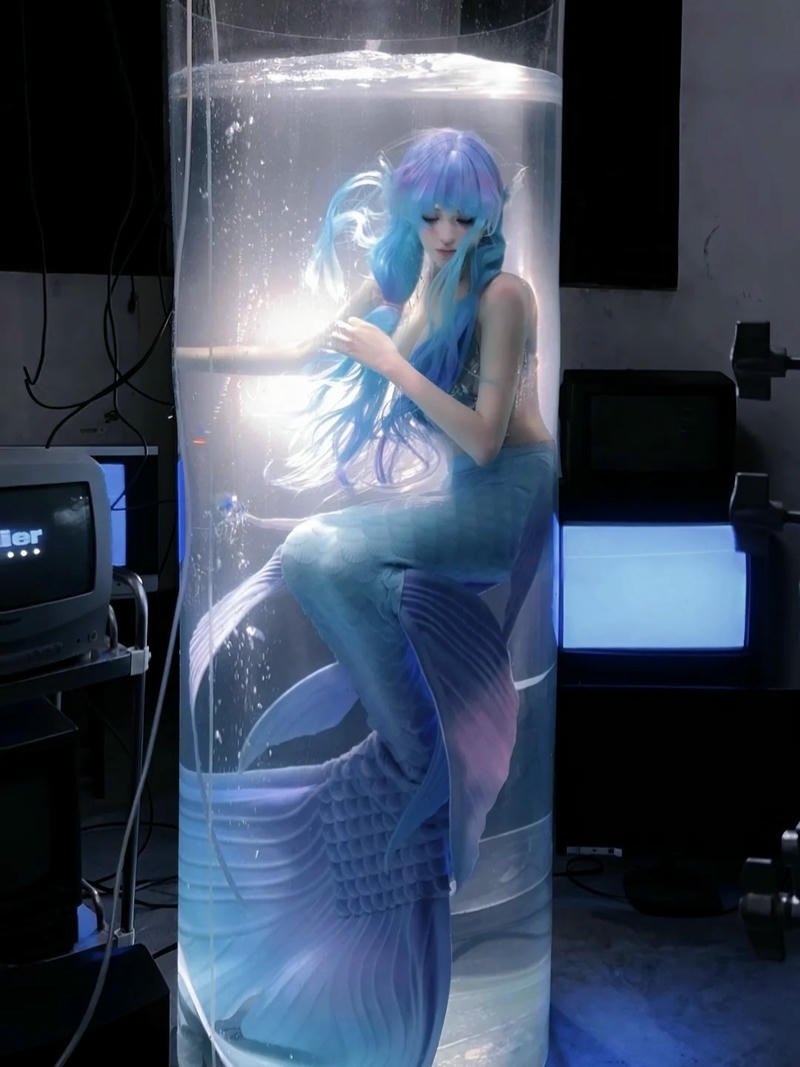 Cosplay nàng tiên cá trong bể kính nước xanh biếc