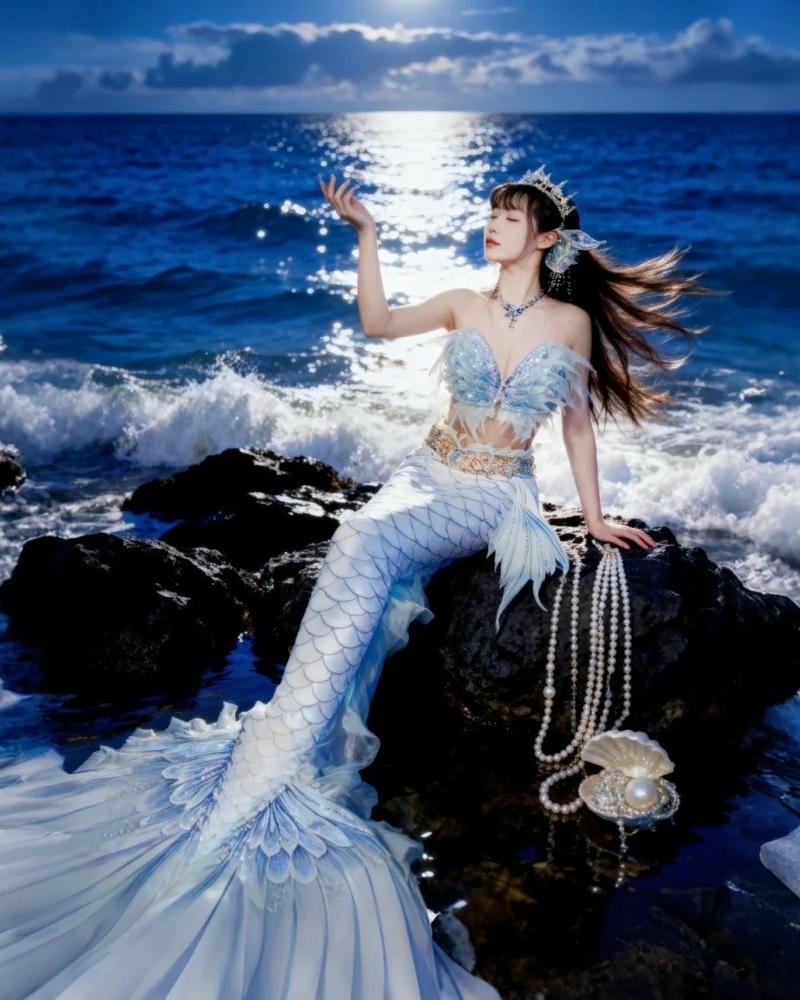Cosplay nàng tiên cá xinh đuôi trắng bên bờ biển