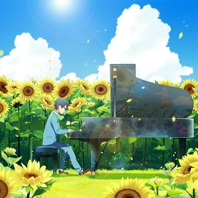 Hình ảnh cặp đôi giữa hoa hướng dương bên chiếc đàn piano