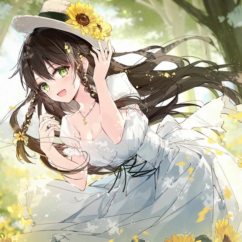 Hình avatar hoa hướng dương thiếu nữ đội mũ rơm cầm hoa