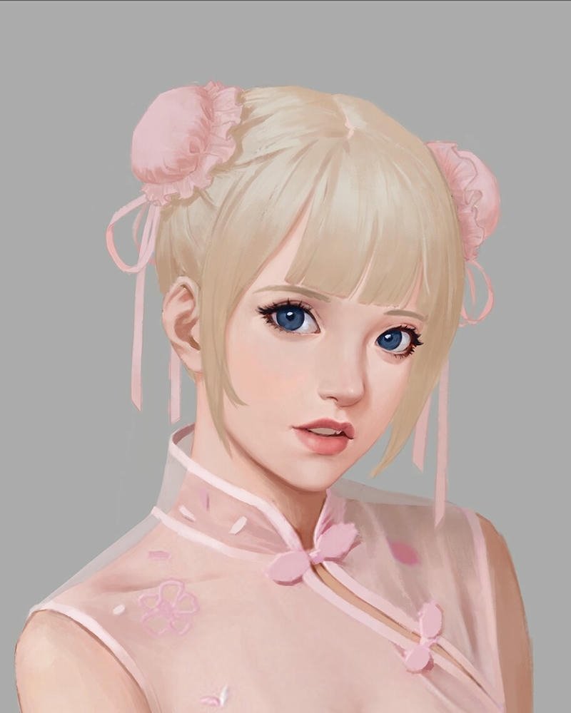 Hình nền anime nữ tóc búi mặc váy hồng dịu dàng