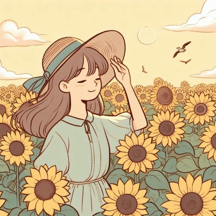 Hình vẽ hoa hướng dương cô gái đội mũ kiểu anime