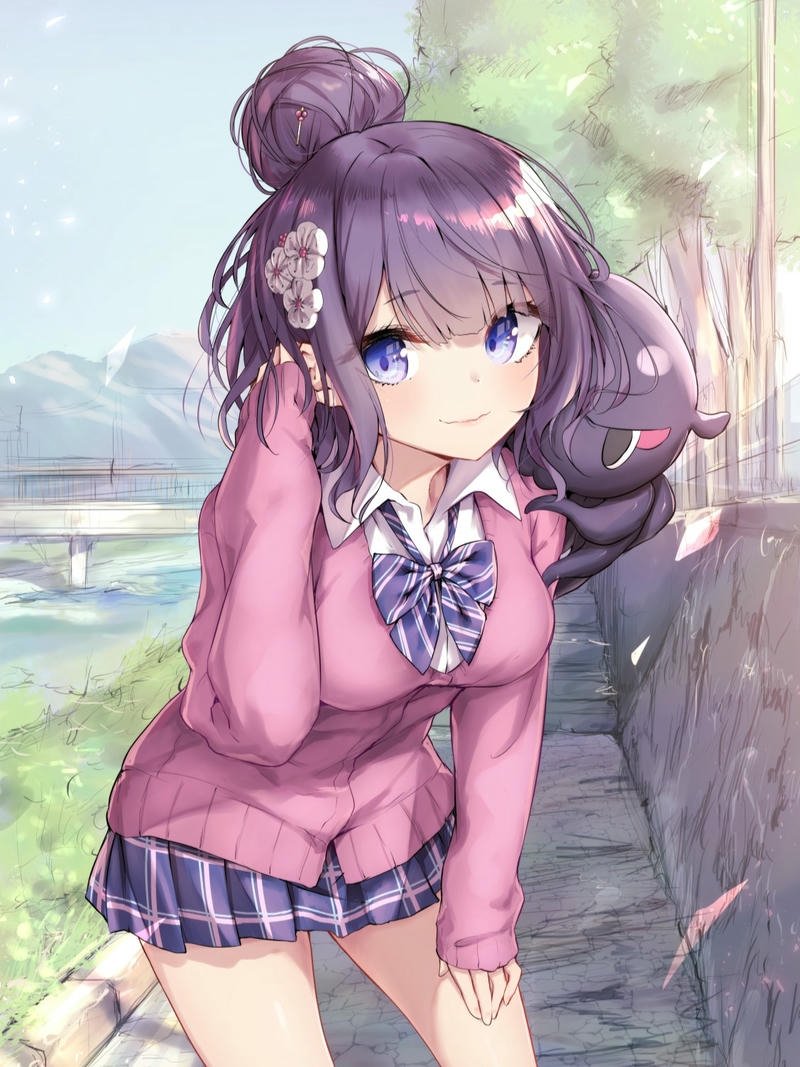 Nhân vật anime nữ mặc đồng phục học sinh tím đẹp