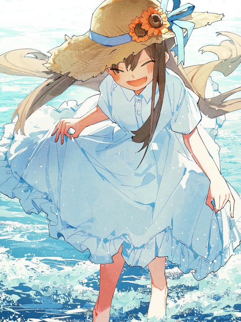 Nhân vật anime nữ mặc váy trắng đi dạo trên biển