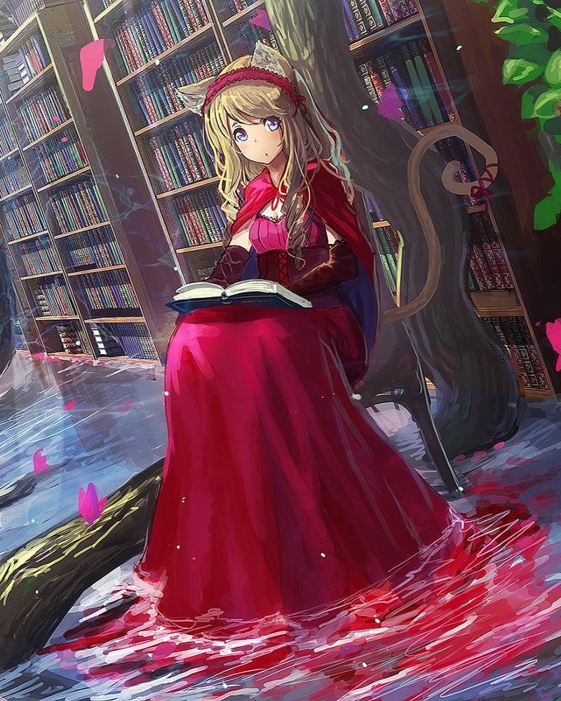 Nhân vật anime nữ ngồi đọc sách trong thư viện cổ