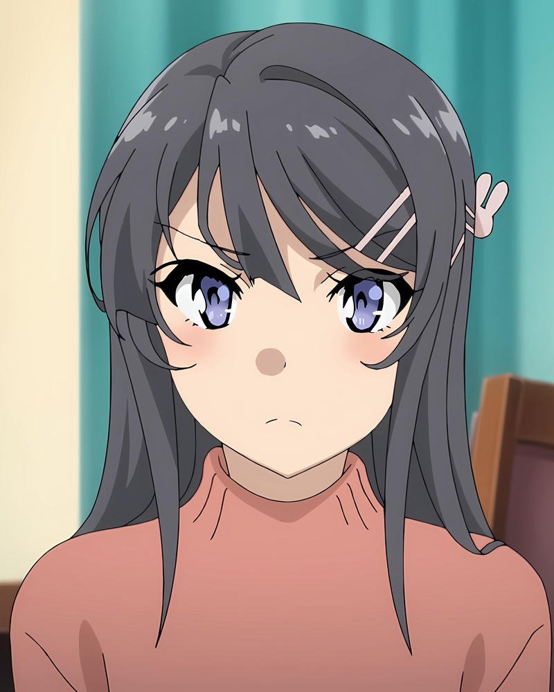 Nhân vật anime nữ tóc đen dài mặc áo len giản dị