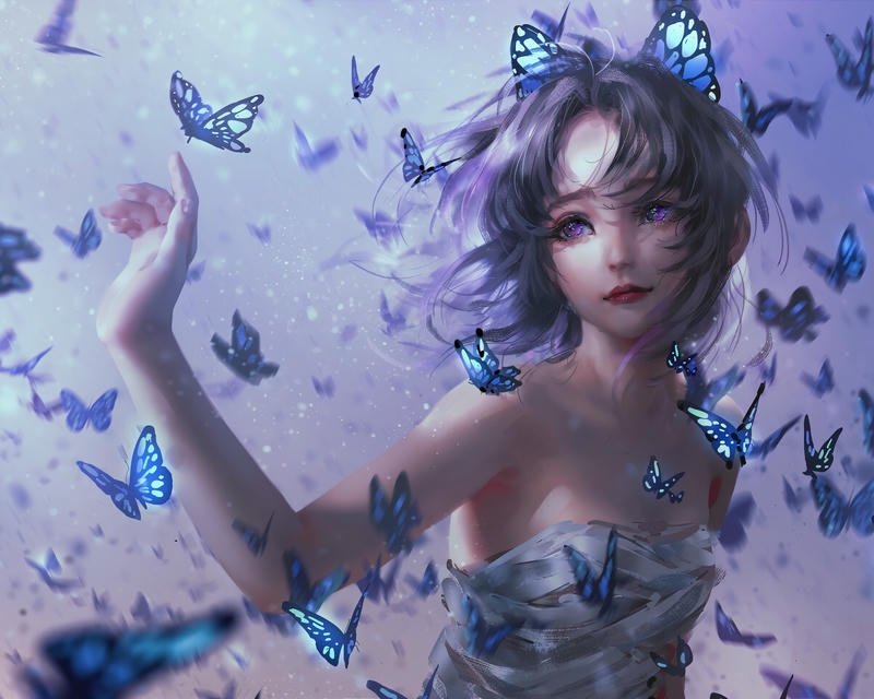 Nhân vật anime nữ tóc tím với đàn bướm bay lượn