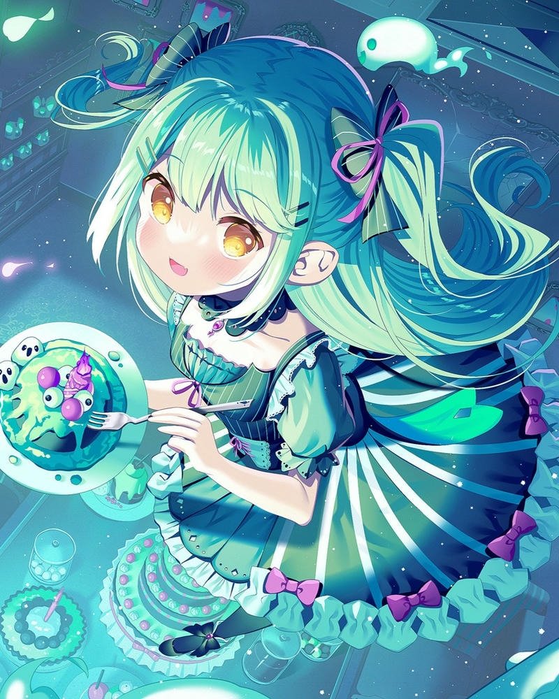 Nhân vật anime nữ tóc xanh bơi dưới nước huyền ảo