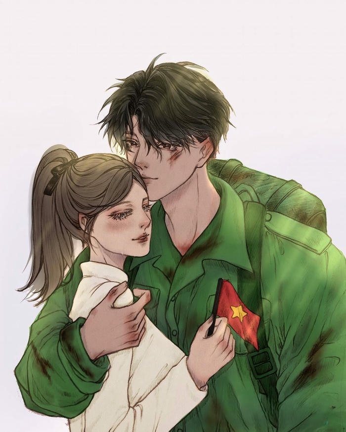 Tranh chú bộ đội ôm người yêu trong ngày hội ngộ