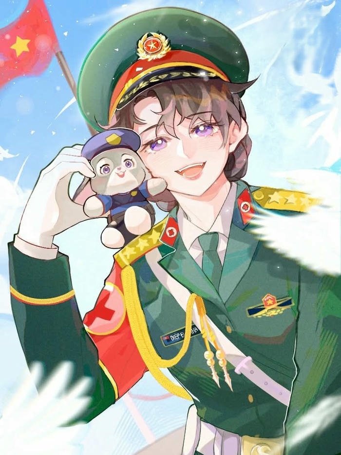 Tranh chú bộ đội vui vẻ chơi đùa cùng búp bê nhỏ