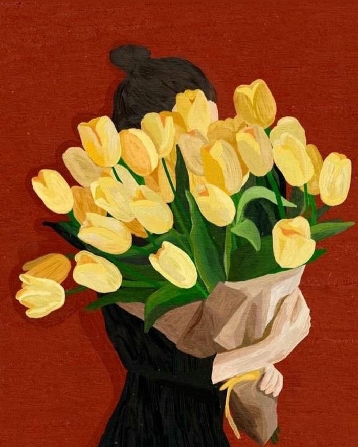 Tranh cô gái ôm bó hoa tulip vàng rực che mặt