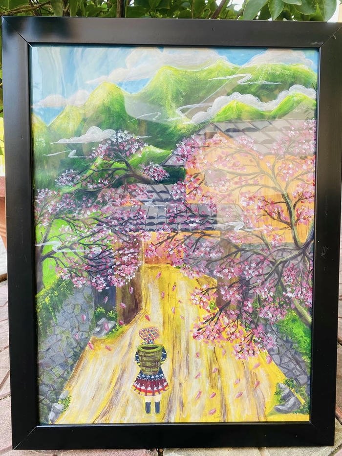 Tranh hoa đào ngày tết con đường vàng thơ mộng