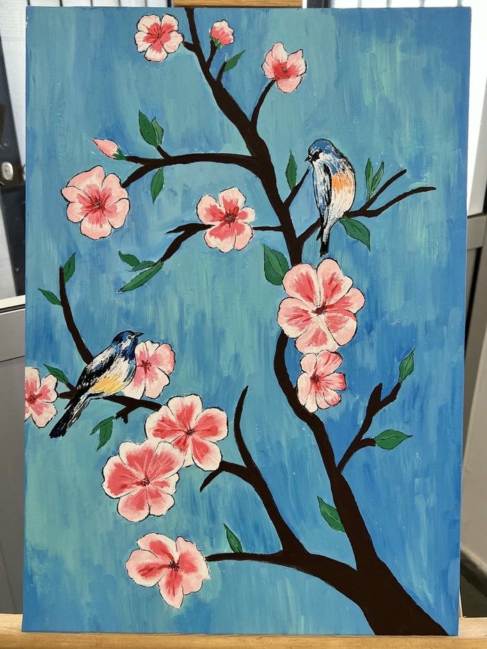 Tranh hoa đào ngày tết đôi chim uyên ương nhỏ
