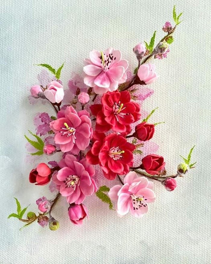 Tranh hoa đào ngày tết hoa nổi 3D màu đỏ