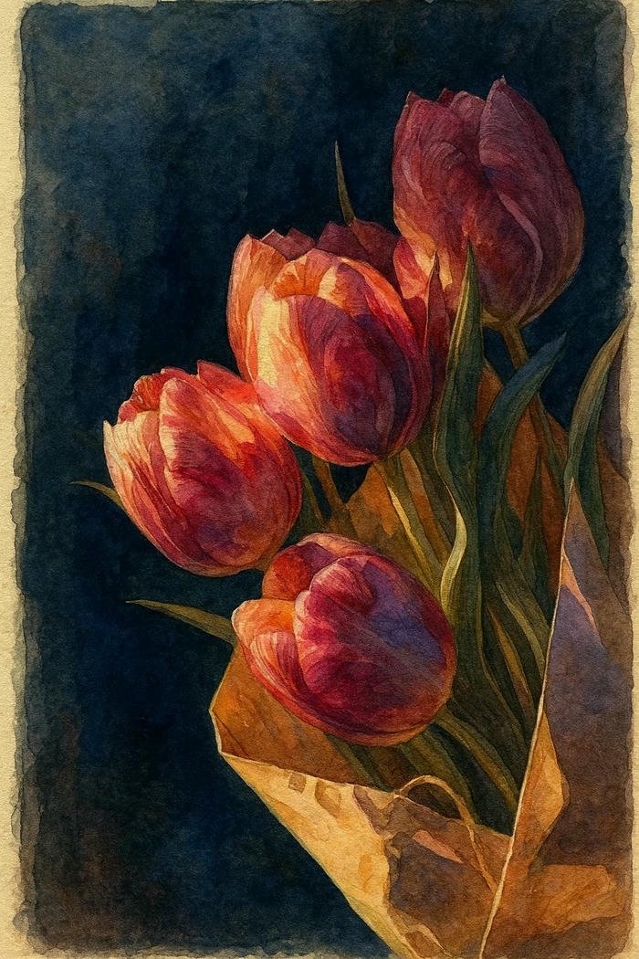 Tranh hoa tulip đẹp bó hoa đỏ thắm gói giấy nâu