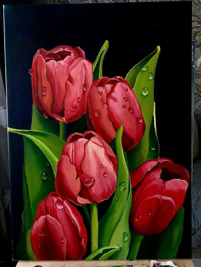 Tranh hoa tulip đẹp màu đỏ nhung huyền bí nền đen